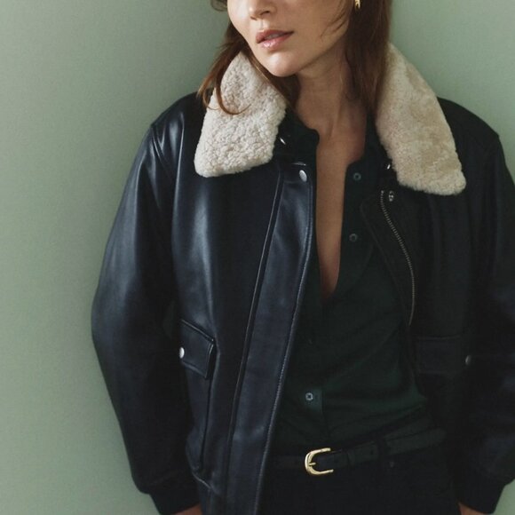 Quince 100% Leather Shearling Trim Aviator Jacket M Medium - Picture 1 of 12